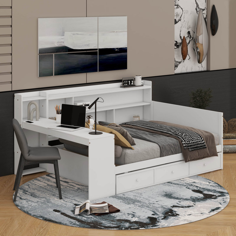 Lit de jour simple en bois avec 3 tiroirs, bureau et ports USB, Full, Blanc