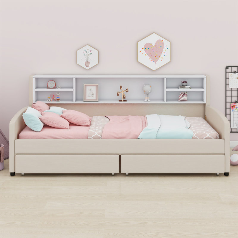 Lit plateforme tapissier avec rangement et tiroirs, Beige
