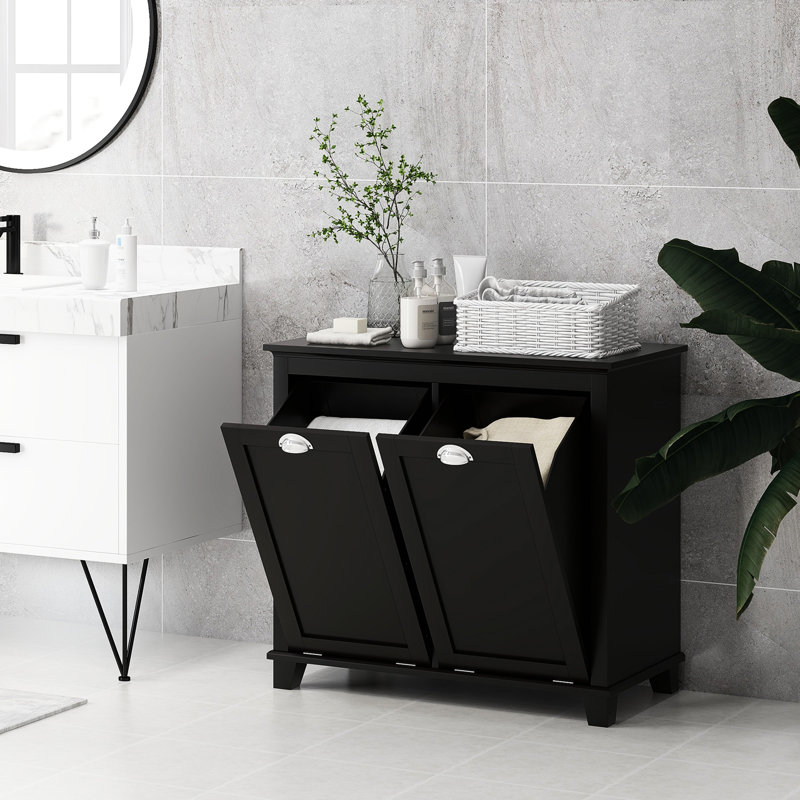 Armoire à linge double inclinable pour salle de bain. 2 pour le rangement des toilettes, armoire de plancher noire. Espace de rangement généreux pour les serviettes. Articles séparés et foncés. Fabriqué à l'eau. Conception de surmatelas. Fixable au mur. L 30 po x