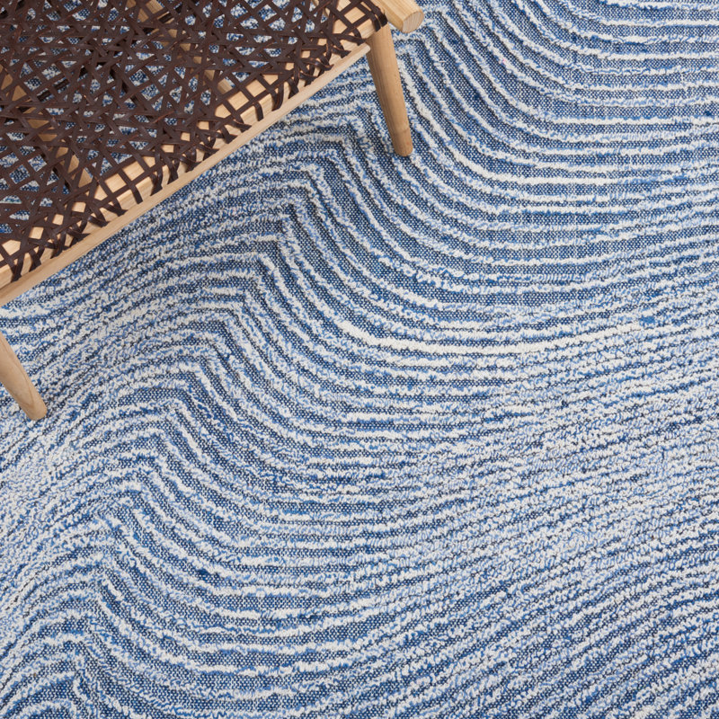 Aniessa Striped Hand Tufted Wool/Cotton Area Rug in White/Blue, Round 6'