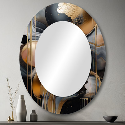 Or et noir marbré Euphoria V - miroir décoratif ovale abstrait sur métal