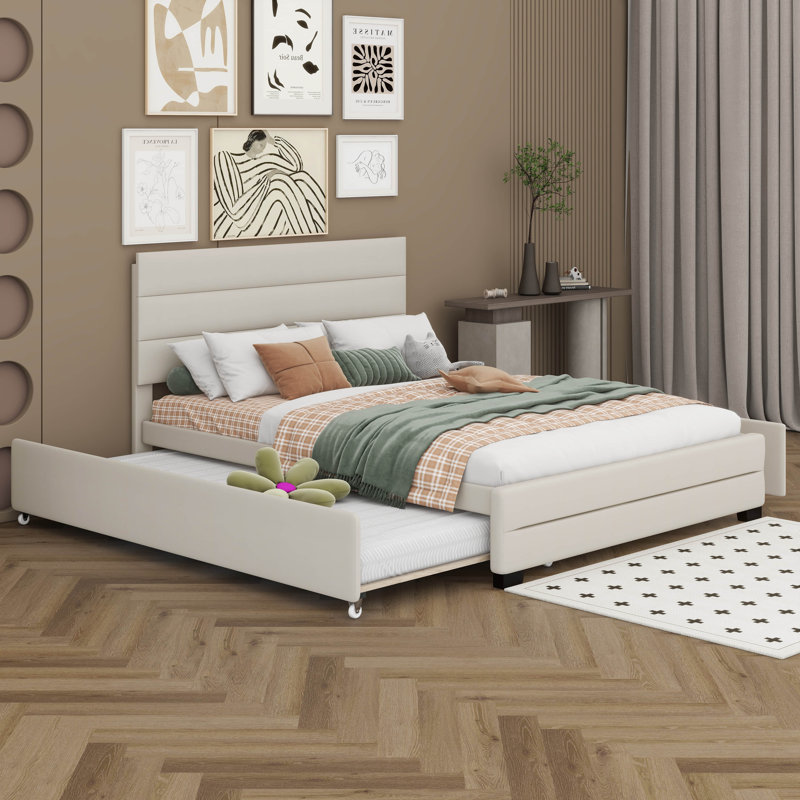 Structure de lit grand format avec lit gigogne simple, structure de lit tapissier en lin avec 2 tiroirs de rangement