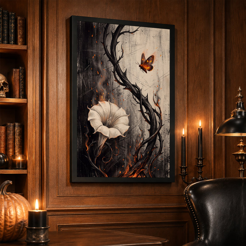 Toile murale d'Halloween avec fleurs blanches et vignes épineuses et lueur orange, H 24 po x l 16 po