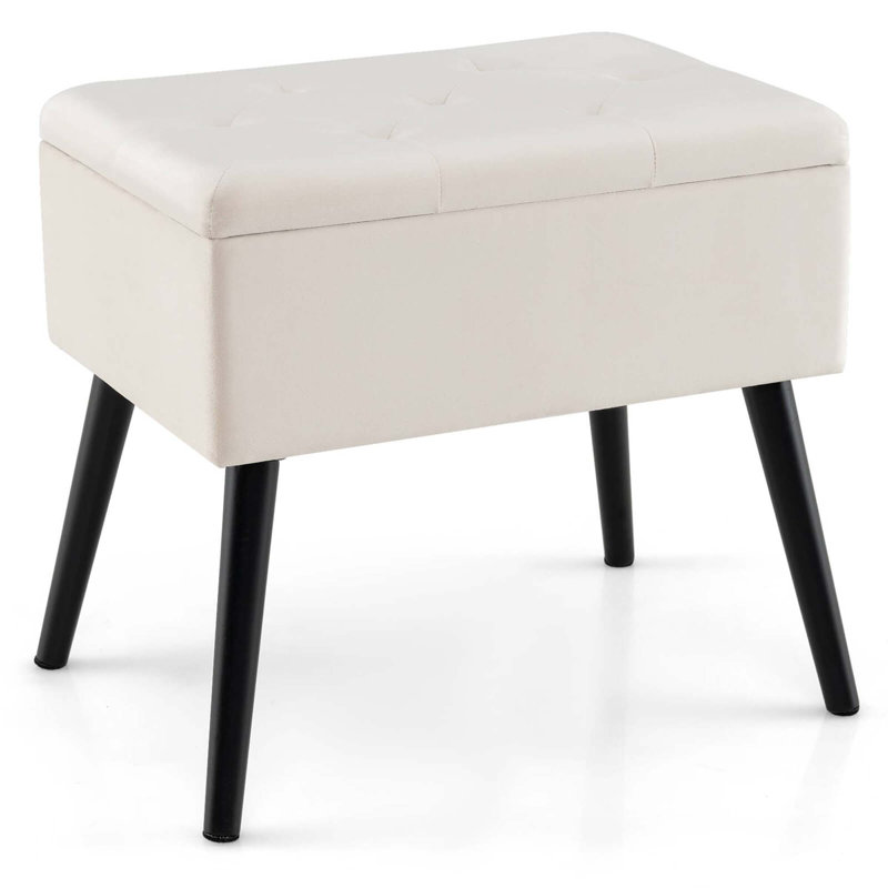 Repose-pieds en velours avec tabouret de coiffeuse avec rangement et pieds en bois massif, Beige