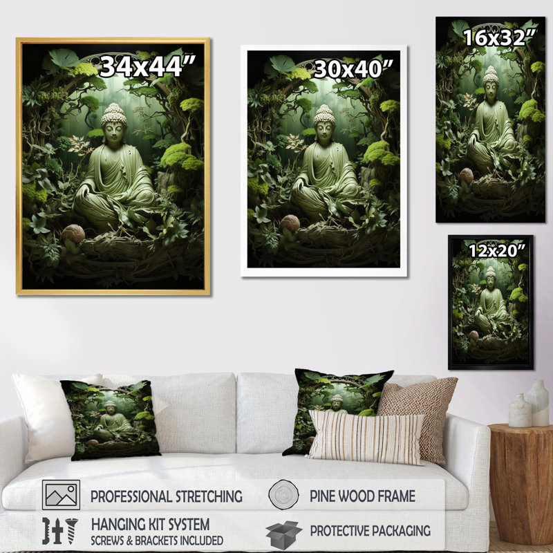 «Boxleye Green Buddhism Bodhi Tree II», reproduction d'art sur toile, H 20 po x l 12 po x P 1 po, Cadre flottant doré