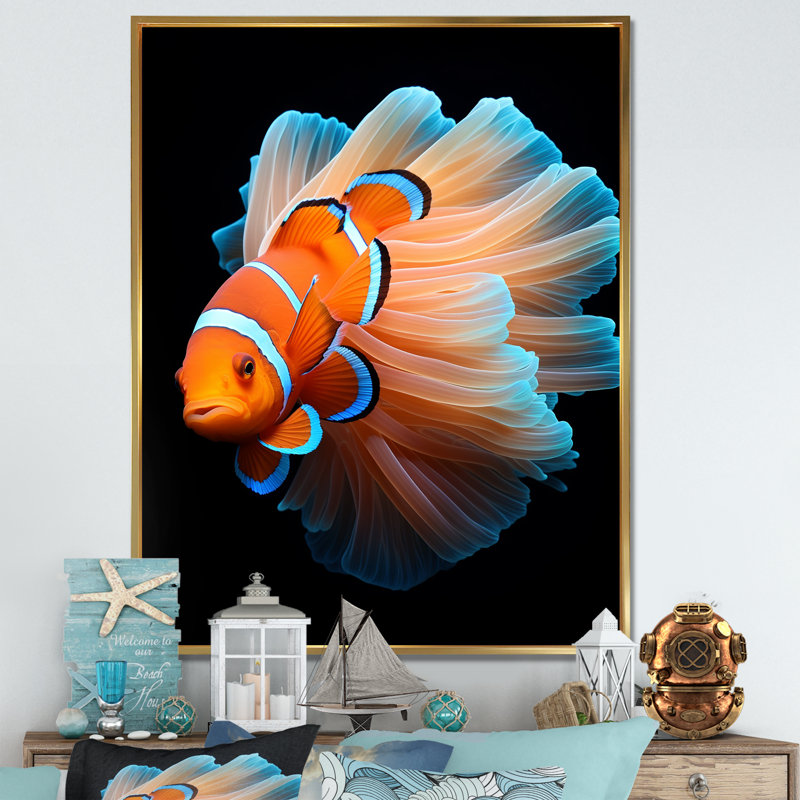 Portrait de poisson clown orange I sur toile, H 32 po x l 24 po x P 1 po, Cadre flottant doré