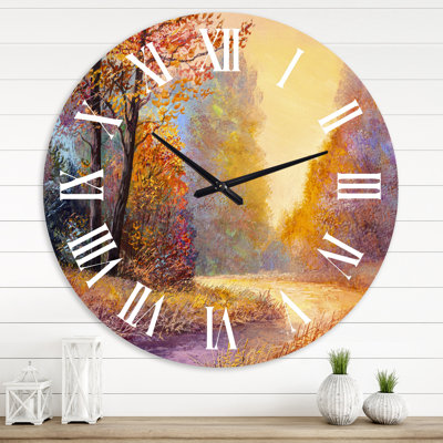 Path In The Autumn Forest Orange Leaves Landscape - Lake House wall clock