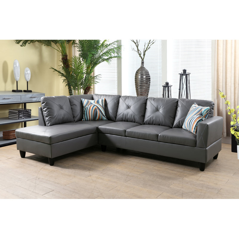 Elaynah Faux Leather L-Shaped Sectional, Left Hand Facing, Gray Faux Leather