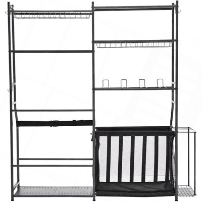 Organisateur de garage de golf, support de support de rangement pour 2 sacs de golf et autre support de rangement pour équipement de sport, chariot de balle en acier pour l'extérieur, équipement de sport et tablettes de rangement avec paniers et croche