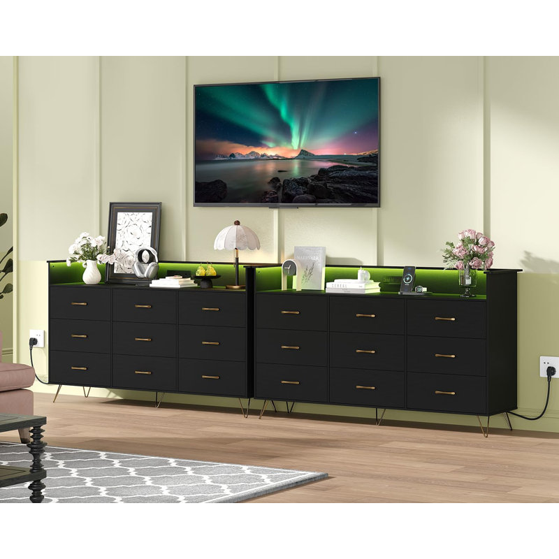 9-Drawer Tall Dresser with RGB Lights & Charging Station, APP Controlled Storage Cabinet 62.8", Black