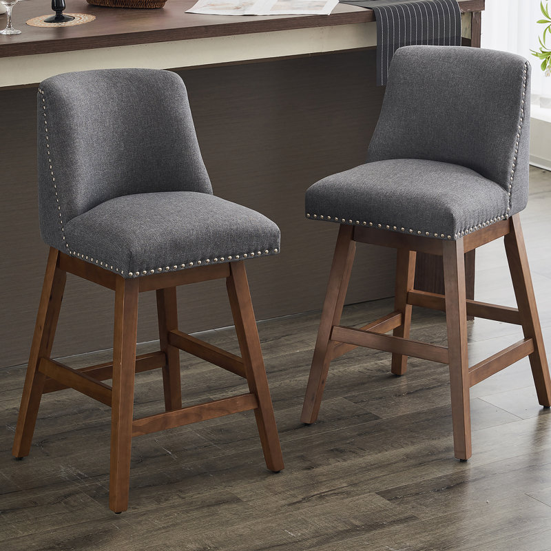 Tabourets de bar pivotants rembourrés avec tissu en lin, dossier haut, Gris, Brun