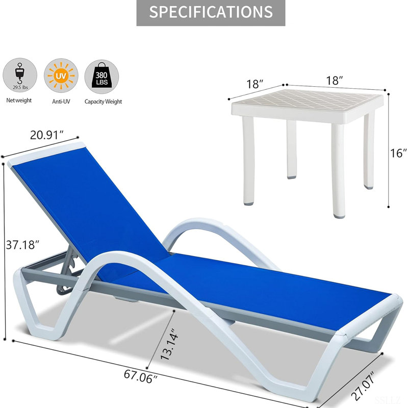 Patio Chaise Lounge Adjustable Aluminum Pool Lounge Chairs With Arm All Weather Pool Chairs For Outside,In-Pool,Lawn, Blue