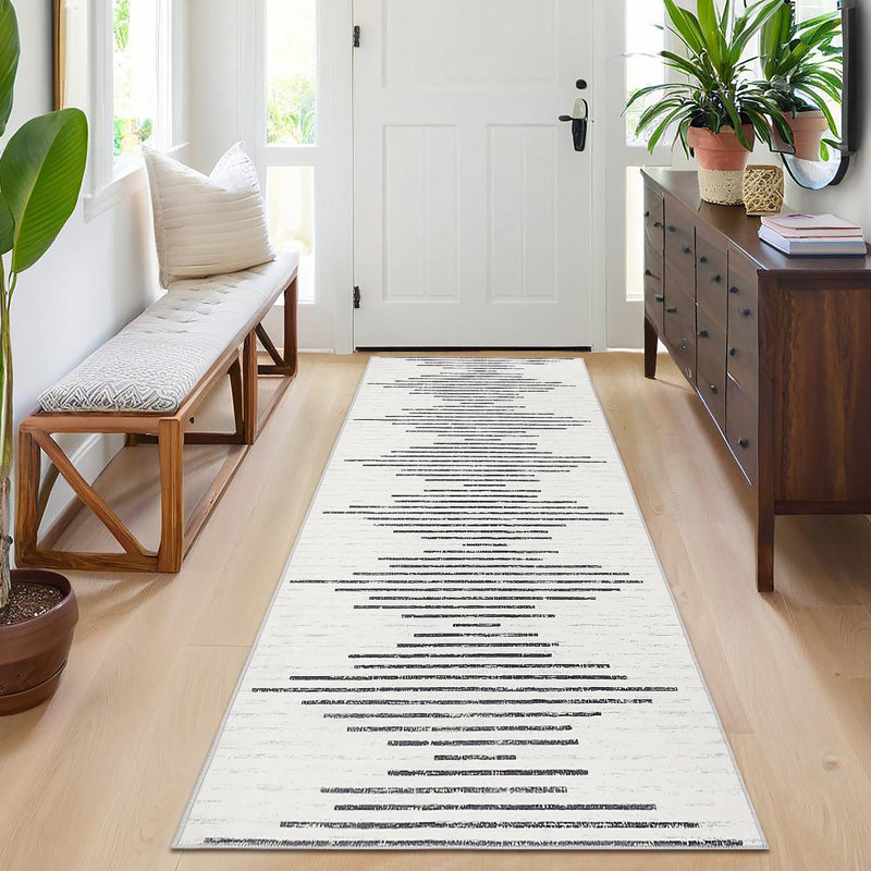 Modern Machine Washable Striped Rug for Living Room Non-Slip Low Pile Stain-Resistant Contemporary Geometric Soft Indoor Carpet for Bedroom Dining Room