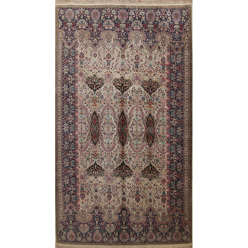 Tapis ivoire en laine noué à la main de conception unique 8 pi 5 po x 12 pi années 1970 Brahma