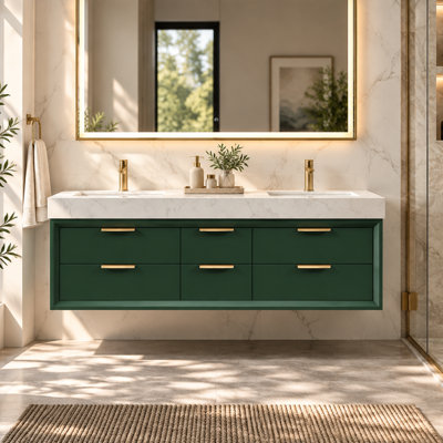 Ensemble de meuble-lavabo mural moderne 60 po avec dessus en pierre artificielle Lumino, 60 po Lumino, 6 tiroirs à fermeture en douceur Lumino