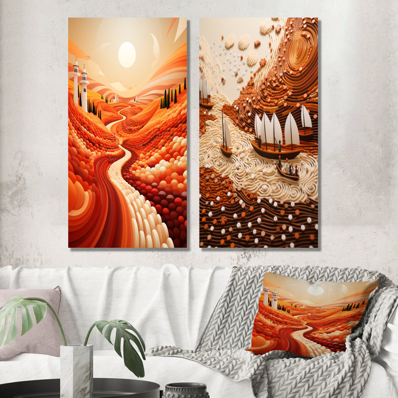 «Orange River Reverence Dream II», ensemble de 2 toiles d'art abstrait, Toile tendue, H 40 po x l 41 po