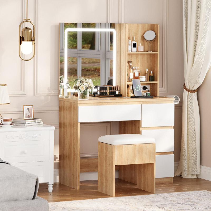 Coiffeuse de maquillage avec lumière et miroir, bureau de coiffeuse pliable, multiprise, éclairage réglable, tiroirs et tabouret rembourré, coiffeuse pour chambre à coucher