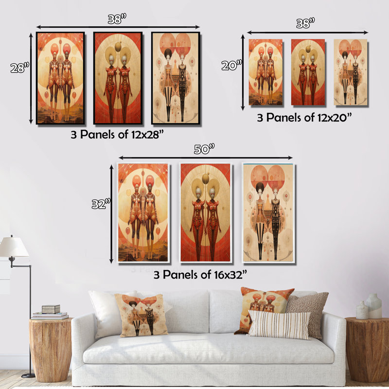 Alien Goddess Vintage Dreamscape Illustration V - Abstract Portraits Art Set Of 3 Pieces, Encadrement doré, H 40 po x l 60 po