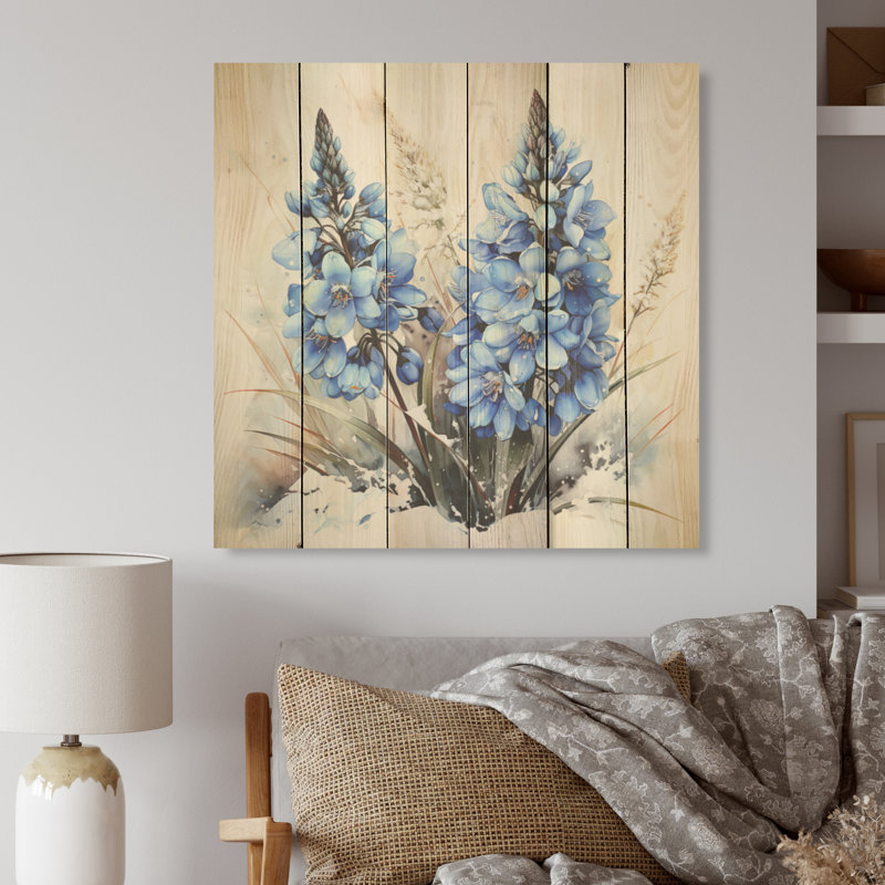 Blue Bonnets Charm in Winter - Blue Bonnets Wood, art mural sur bois de pin naturel, H 25 po x l 25 po