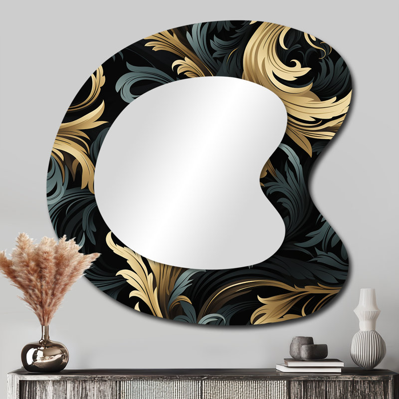 Eyvah Black Ink Seamless Calligraphy Flourishes - Damask Unique Shape Wall Mirror, Black Asymmetrical Decorative Mirror, Printed Metal Art