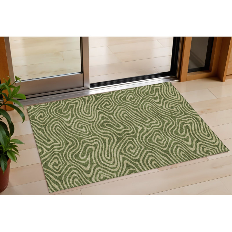 HomeRoots 3' X 5' Olive Green And Light Green Abstract Washable Indoor Outdoor Area Rug