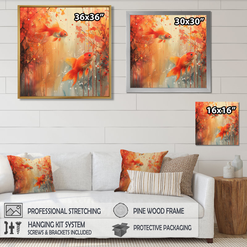 Art de poisson rouge corail orange - décoration murale art corail, H 16 po x l 16 po, Toile tendue