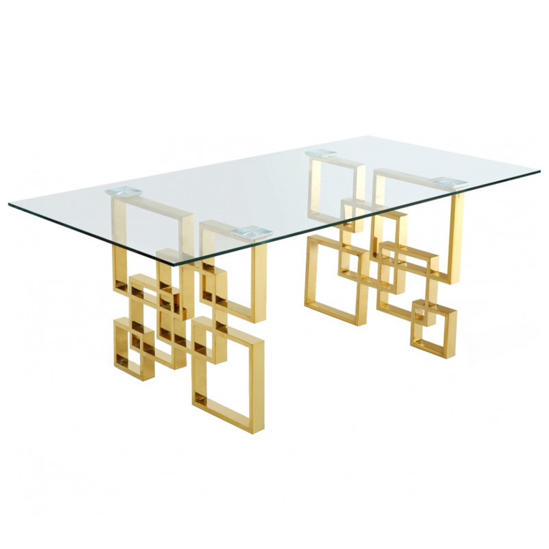 Table de salle à manger 48 po à plateau rond en verre avec base géométrique en acier inoxydable doré, Doré