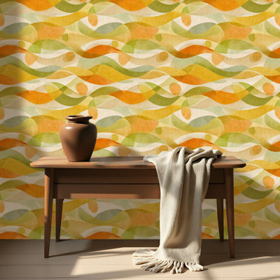 Papier peint auto-adhésif à peler et coller à motif de vagues abstraites Mid Century