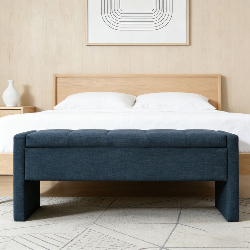 Modern Bed End Bench with Storage, Navy Blue