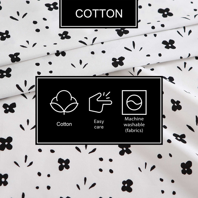 Full Black and White Cotton Percale Sheet Set with Floral Print