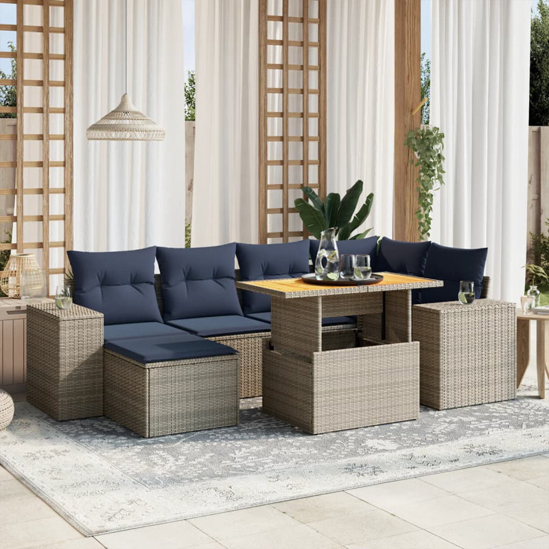  Ensemble de canapé de patio 7 pièces avec coussins en rotin de polyester, Gris, Bleu