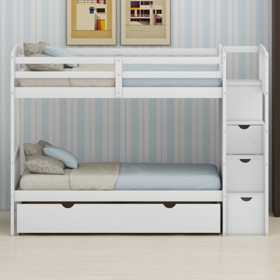 Bunk Bed Frame with Convertible Bottom Bed, Storage Shelves and Drawers