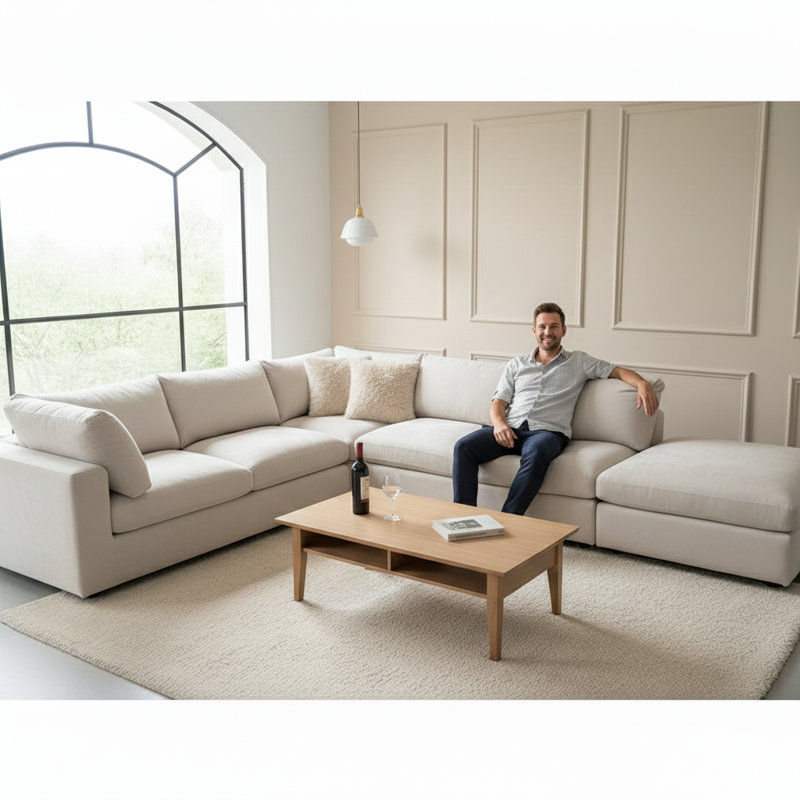 Beige Linen - Look Modular Sectional Sofa, Solid Wood & Multi - Layer Board Frame