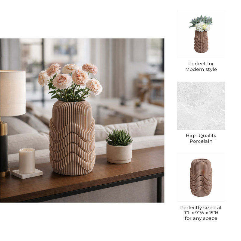 Sagebrook Home 15" Ethos Large 3D Printed Porcelain Vase, 15" H x 9" W x 9" D
