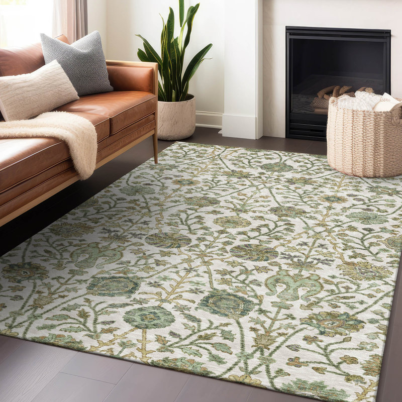 Ivory and Green Floral Synthetic Washable Rug, 3' x 5'