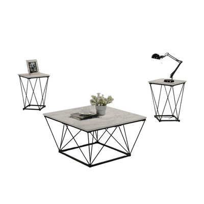 White Finish Contemporary Style 3Pc Table Set 1X Coffee Table 2X End Table Angular And Geometric Metal Base  Primary Living Room