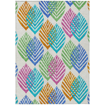 10' X 14' Blue Floral Washable Indoor Outdoor Area Rug