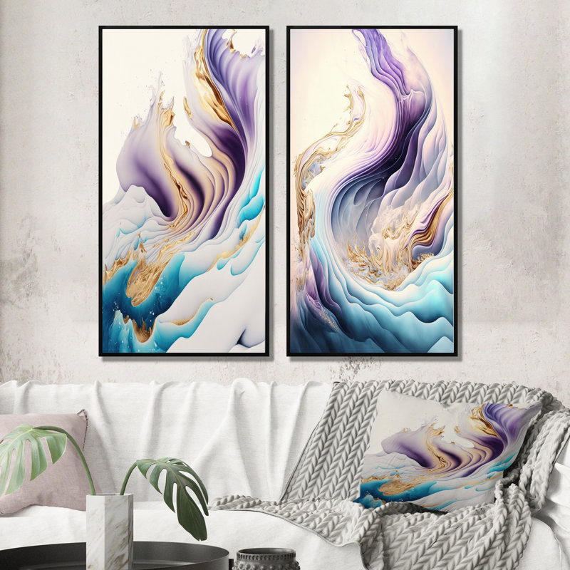 "Ondes abstraites bleues, dorées et mauves", 2 pièces sur toile, Cadre noir, H 32 po x l 32 po