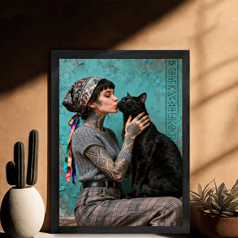 Art rétro encadré noir avec une fille tenant un chat, 11" H x 9" W