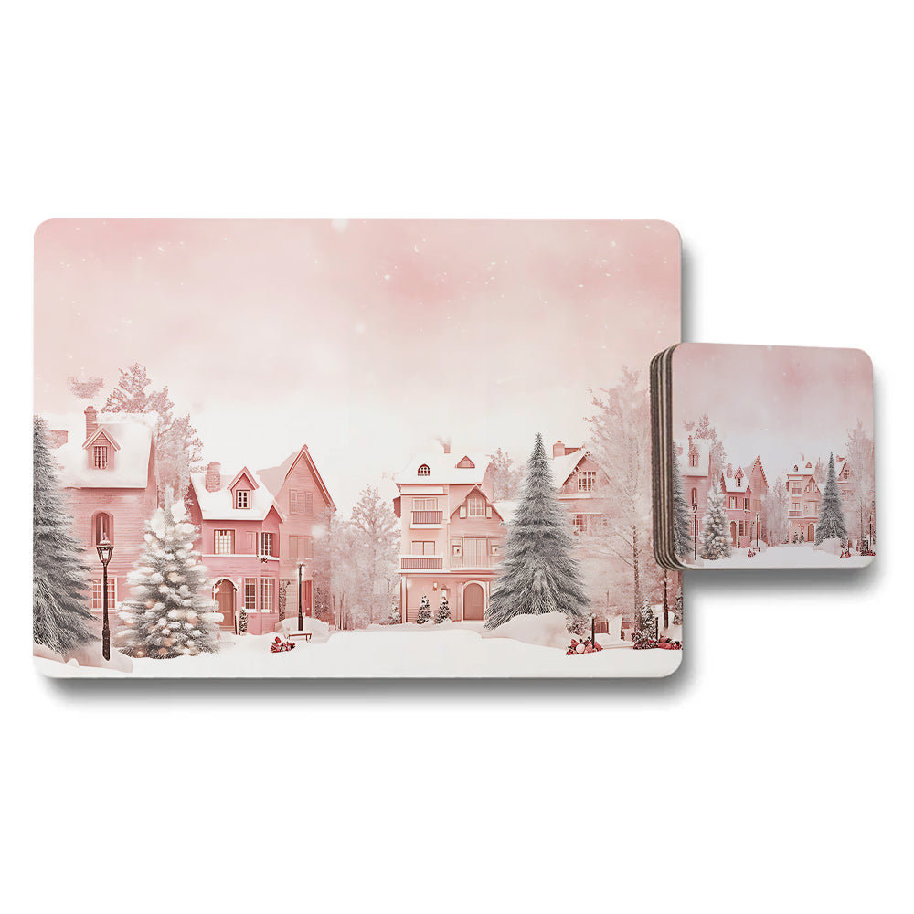 Winter Village Pink Placemats And Coaster Set For Holiday Table Decor