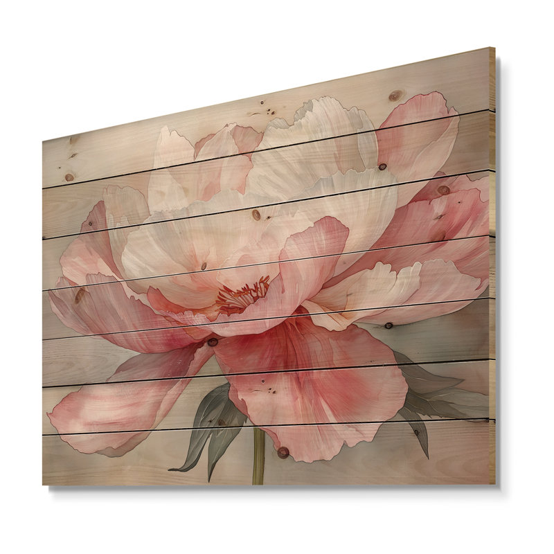 Symphonie douce pivoine rosée - coquelicots, art mural sur bois de pin naturel, H 30 po x l 40 po x P 0,78 po