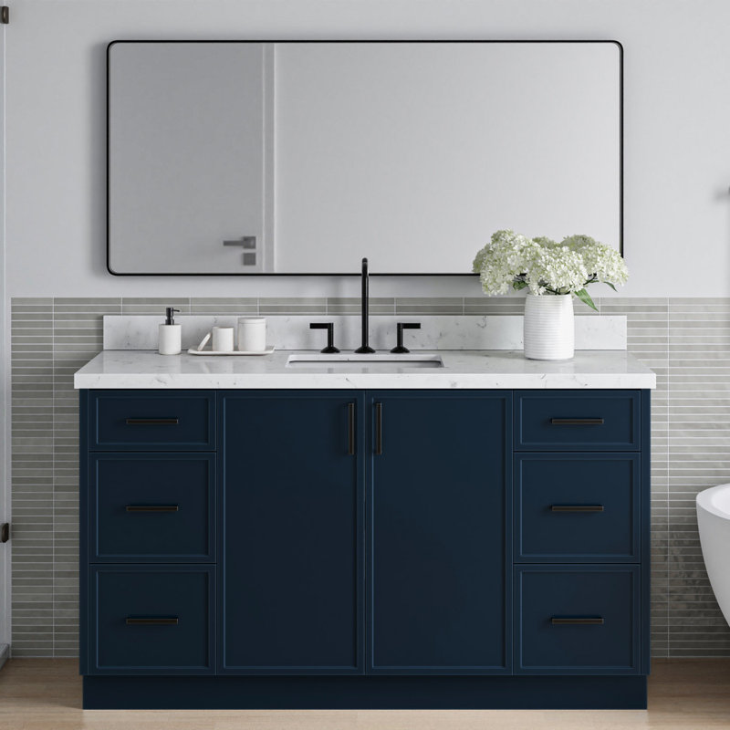 ARIEL Kelly 60 Single Sink Bathroom Vanity with Carrara Quartz Top, Rectangular, Midnight Blue, 54"