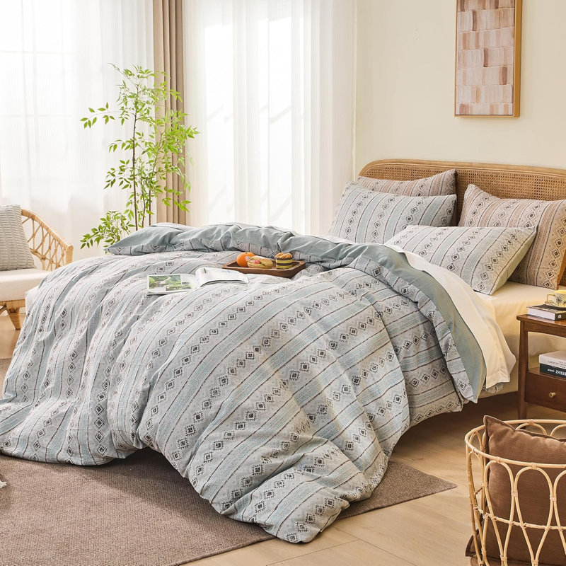 100% Cotton Yarn-Dyed Jacquard Duvet Floral Duvet Cover Set, King Duvet Cover + 2 King Pillowcases, Green Boho