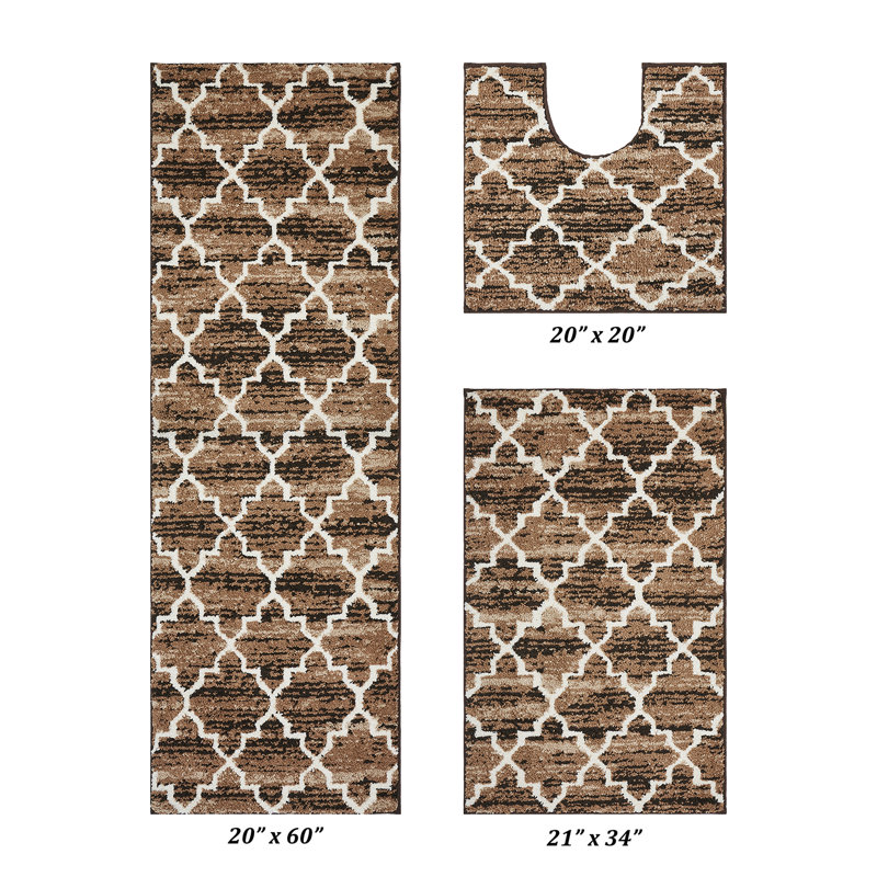 Ensemble de tapis de salle de bain 3 pièces à envers doux, absorbant et antidérapant Nolynn, Brun