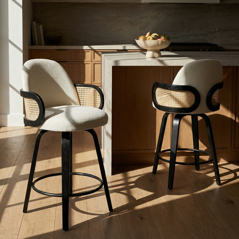 26" Modern Swivel Counter Height Bar Stool with Cane Back, Upholstered Performance Fabric Seat, Bentwood Frame & Metal Footrest, Ivory – Ava by Pipp & Liv (Single)