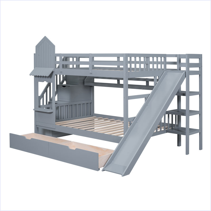 Lit superposé de style château avec 2 tiroirs, 3 tablettes et glissade, Lit superposé double sur double, Gris