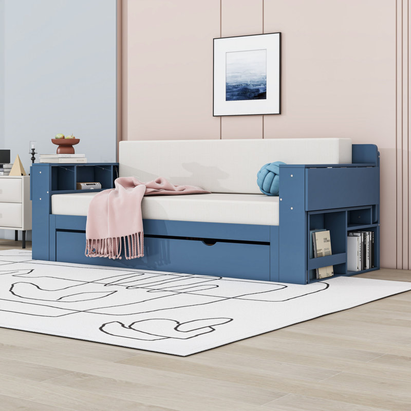 Lit de jour en bois avec bureau et tiroirs et tablettes de rangement, Grand lit, Bleu