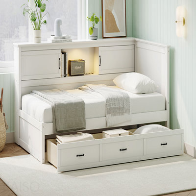 L-Shaped Bed Frame With Drawer And And Bookcase,Corner Bed Wooden Captain Bed With Led Downlight And Usb Port For Small Room,Bedroom, Guest Room, Full Size, White