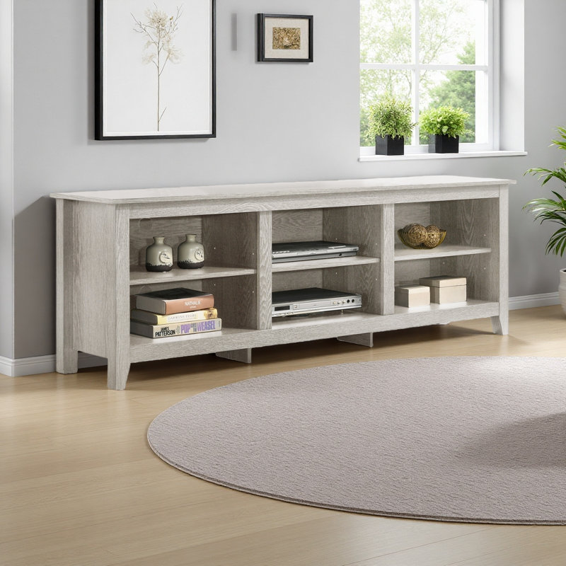Dusty 70" Wide TV Stand With Open Shelves And Cable Management, Light Gray