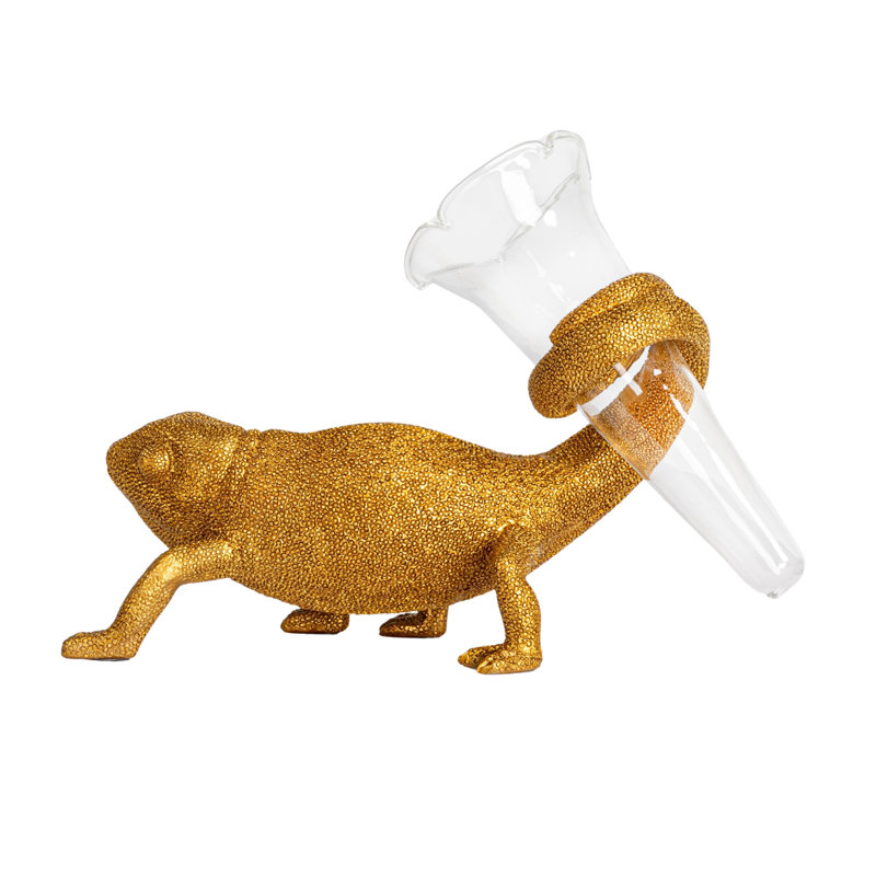 Caméléon en résine avec vase en verre
